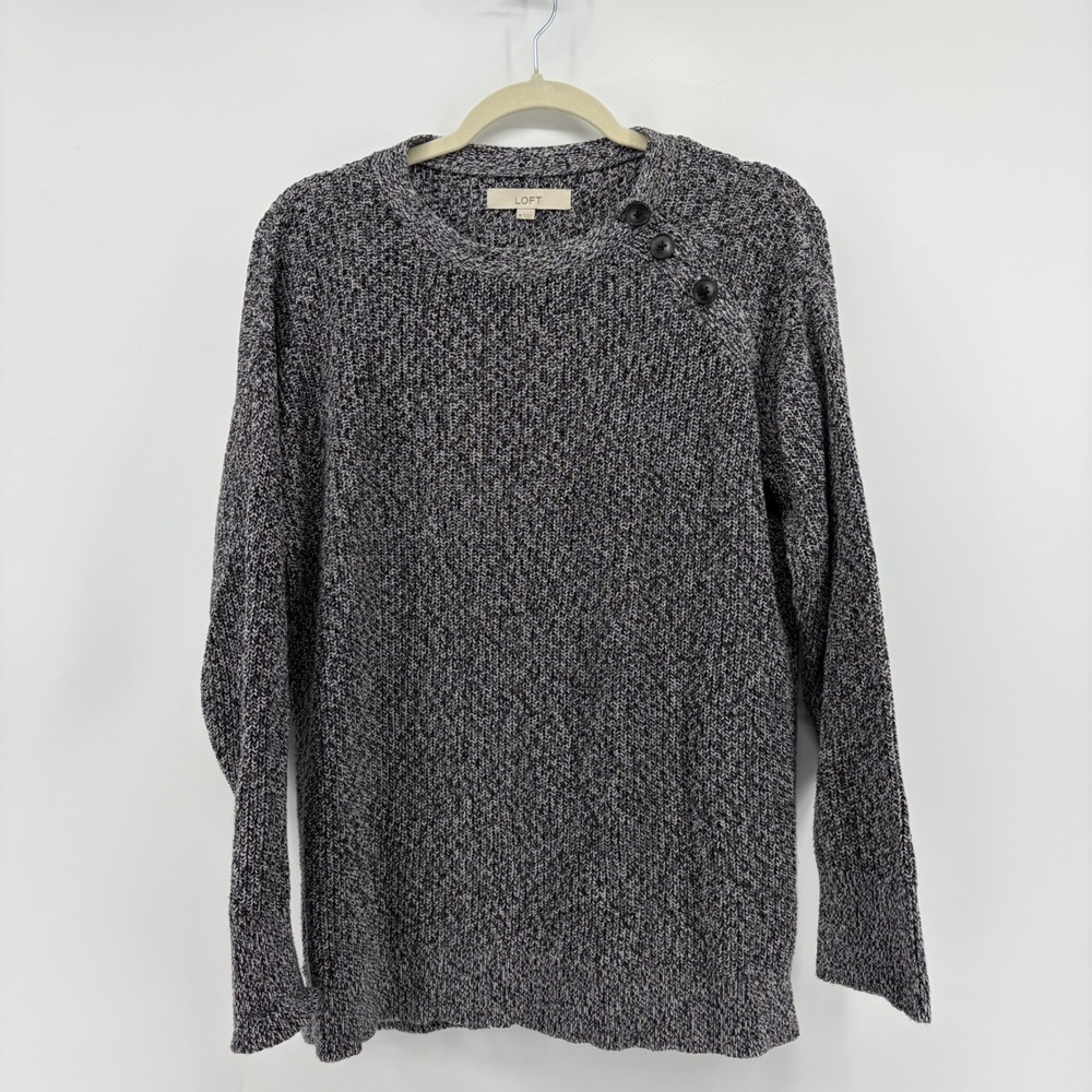 LOFT Marled Knit Sweater with‎ Button Detail Black White Gray Women's Medium